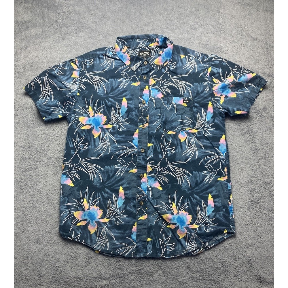 Billabong Men's Short Sleeve Button Down Hawaiian Tropical Flowers Blue Size S